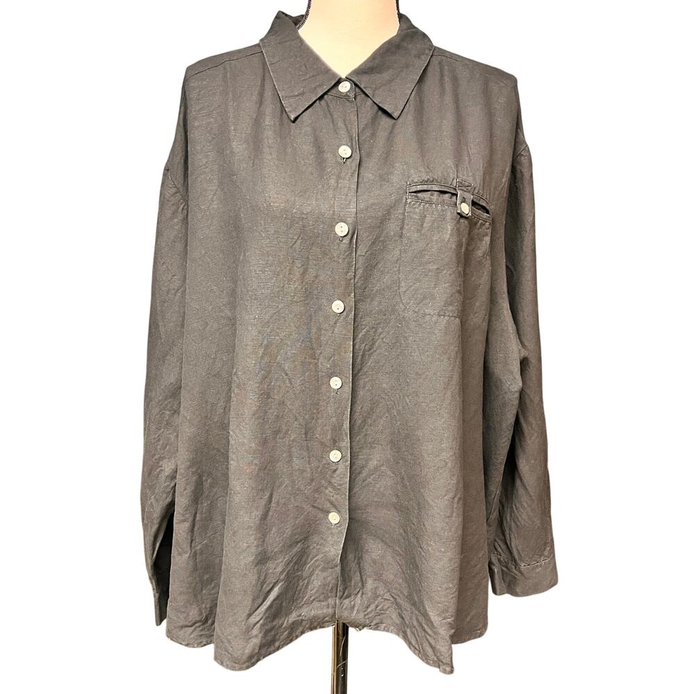 vintage plus size women's linen blend black button down long sleeve shirt 2XL